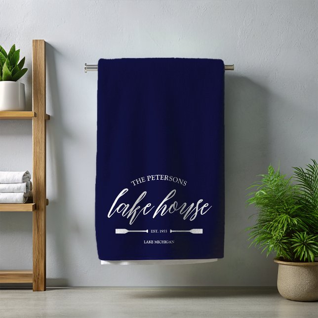 Family Lake House Rental Nautical Custom Decor Beach Towel (Custom Beach Towel Lake House Nautical Navy Blue Rustc Rental Home)