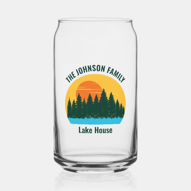 Family Lake House Sunset Personalised Can Glass (Front)