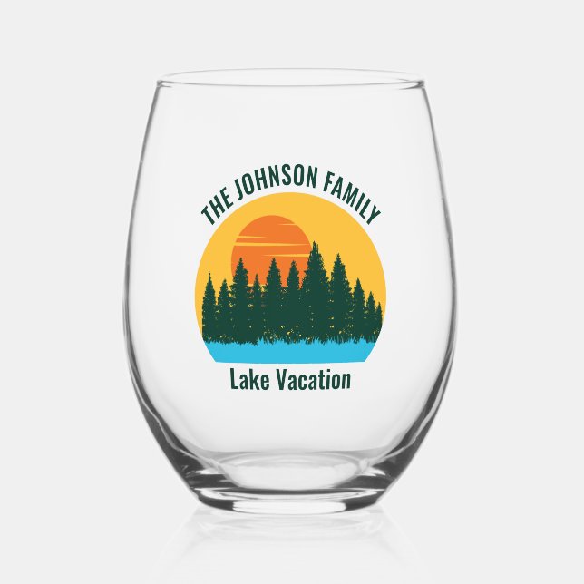 Family Lake House Sunset Personalised Stemless Wine Glass (Front)