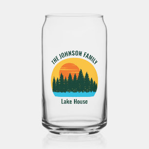 Family Lake House Sunset Personalized Can Glass
