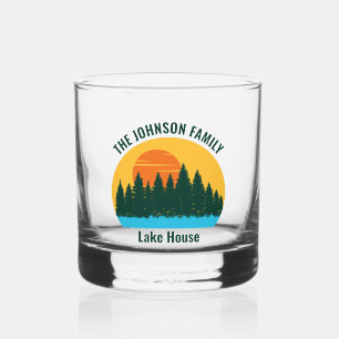Family Lake House Sunset Personalized Whiskey Glass