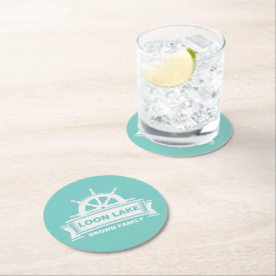 Family Lake House Vacation Round Paper Coaster