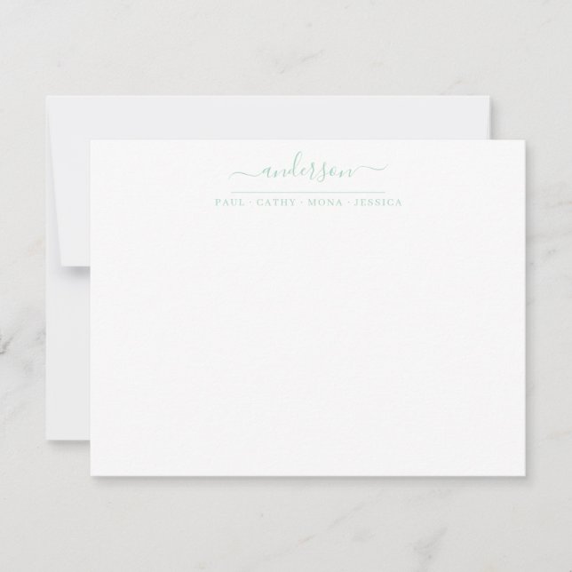 Family Last Name Mint Green Script Calligraphy Card (Front)