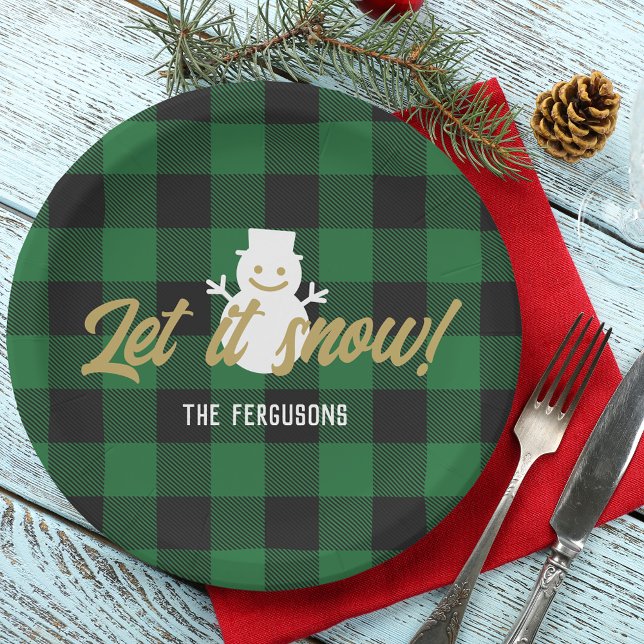 Family Let It Snow Christmas Green Buffalo Plaid Paper Plate (Creator Uploaded)