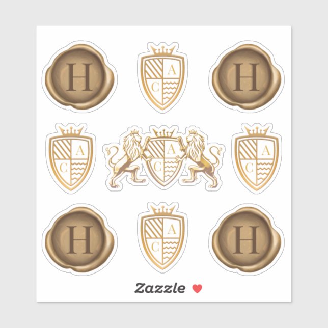 Family Lion Crest Monogram Emblem & Gold Wax Seals (Sheet)