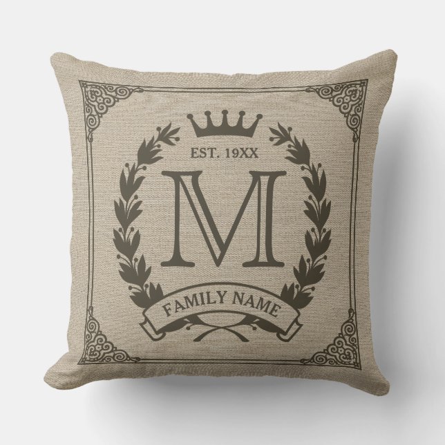 Family Logo Monogram Burlap Look Pillow (Front)