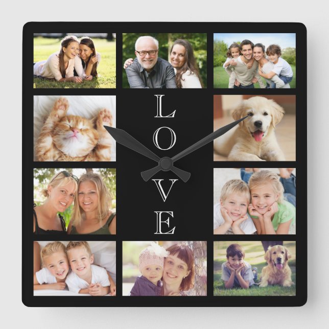 Family Love 10 Photo Collage Black Square Wall Clock (Front)