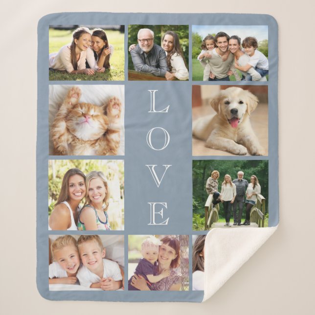 Family Love 10 Photo Collage Dusty Blue Sherpa Blanket (Front)