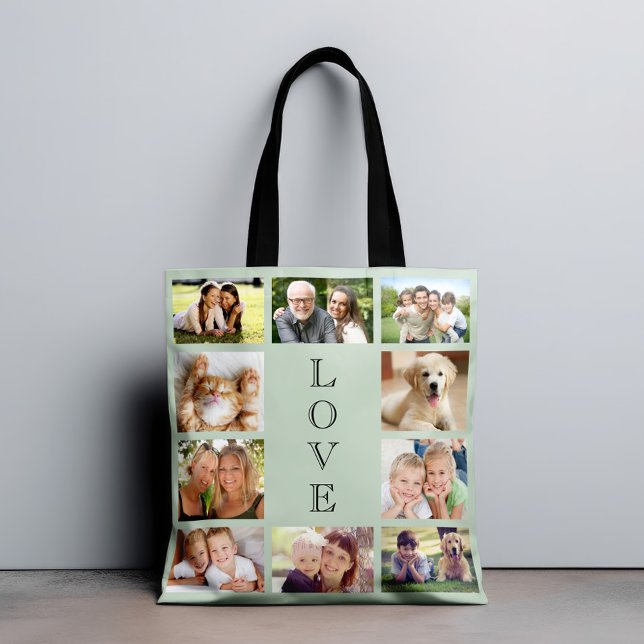 Family Love 10 Photo Collage Sage Green Tote Bag (Creator Uploaded)