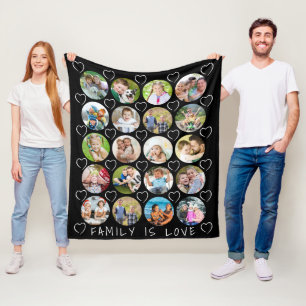 Family Love 20 Photo Collage Hearts Custom Colour Fleece Blanket