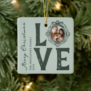 Family Love Doodle Photo Christmas Ceramic Ornament