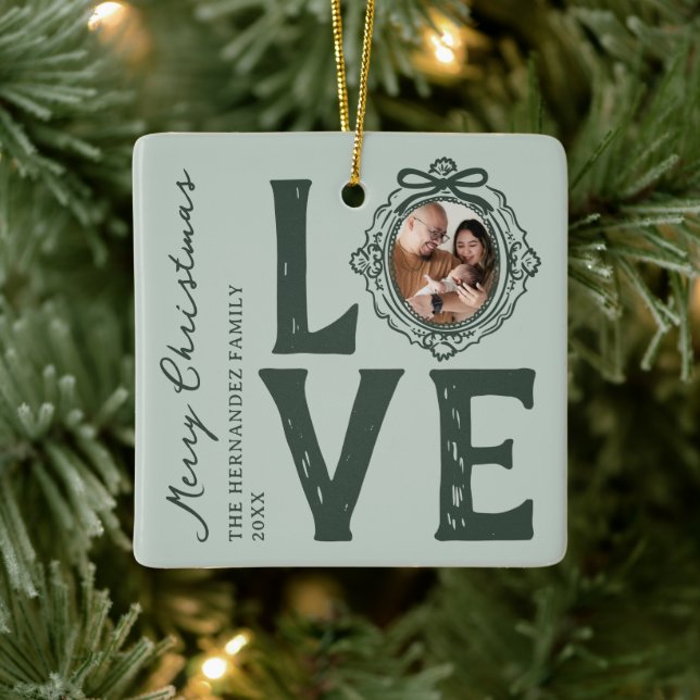 Family Love Doodle Photo Christmas Ceramic Ornament (Tree)