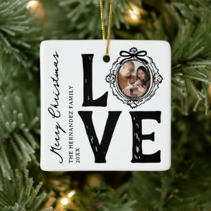 Family Love Doodle Photo Christmas Ceramic Ornament