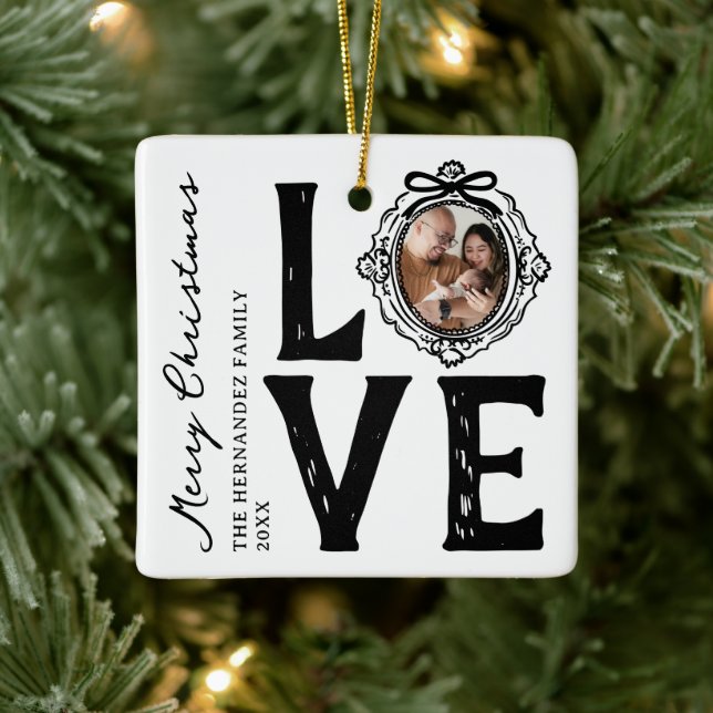 Family Love Doodle Photo Christmas Ceramic Ornament (Tree)