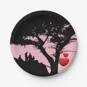 Family Love Family Tree  Heart Tree pink red black Paper Plate