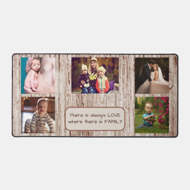 Family Love Five Photo Template Wood Grain Desk Mat (Front)