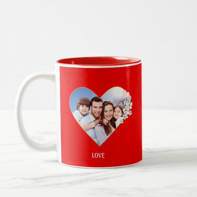 Family Love & Heart with Flowers on Red Two-Tone Coffee Mug (Left)