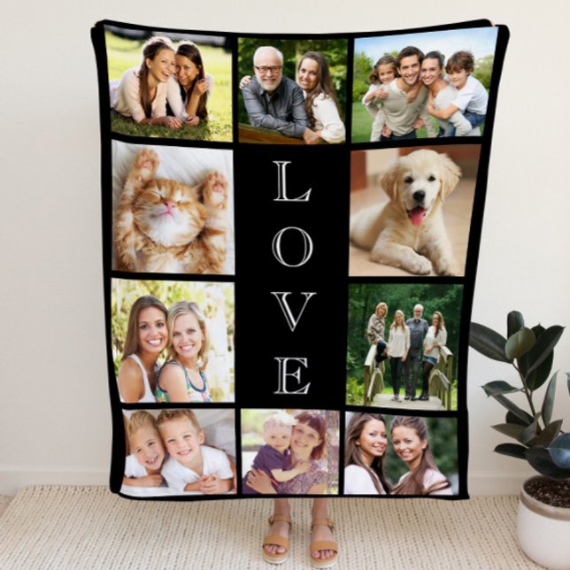 Family Love Multi-Photo Collage Modern Black Fleece Blanket (Creator Uploaded)