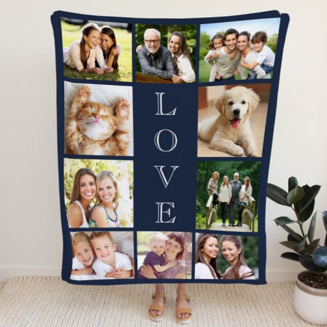 Family Love Multi-Photo Collage Modern Blue Fleece Blanket (Creator Uploaded)
