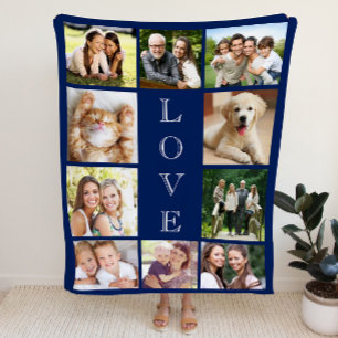Family Love Multi-Photo Collage Personalised Blue Sherpa Blanket