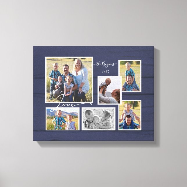Family Love Navy Wood 6 Photograph Collage Script Canvas Print (Front)