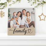 Family Love Script Custom Grey Beige Photo Plaque<br><div class="desc">Custom tabletop home decor features a favourite family photo with minimal white "Family" typography overlay design that includes elegant flourish and heart details. Note,  the neutral grey beige coloured background and white text can be customised. A unique gift idea for your loved ones!</div>