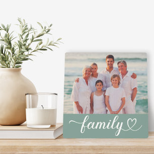 Family Love Script Custom Grey Green Photo Plaque