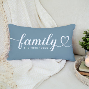 Family Love Script Dusty Blue Custom Monogram Lumbar Cushion