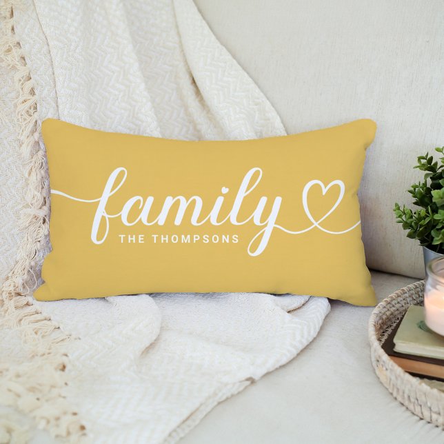 Family Love Script Golden Yellow Custom Monogram Lumbar Cushion (Creator Uploaded)