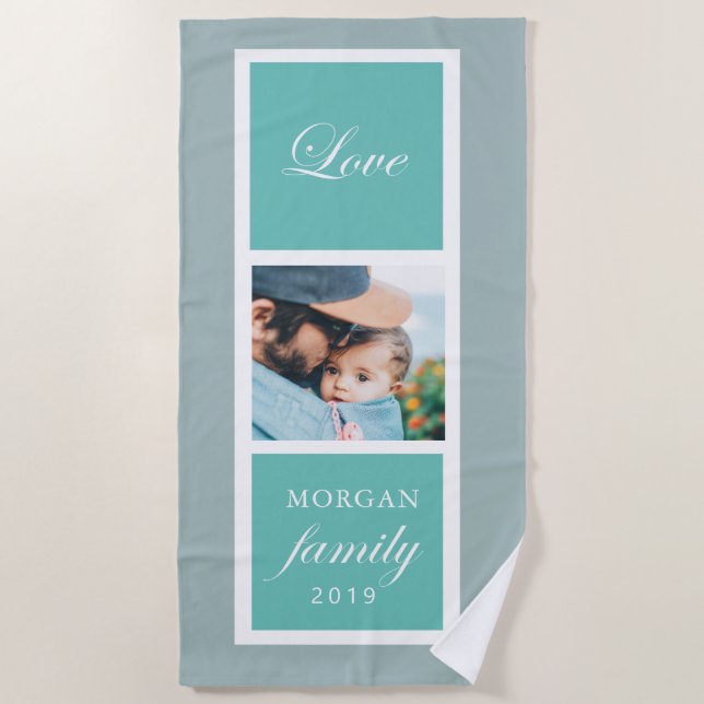 Family love script photo monogram beach towel (Front)