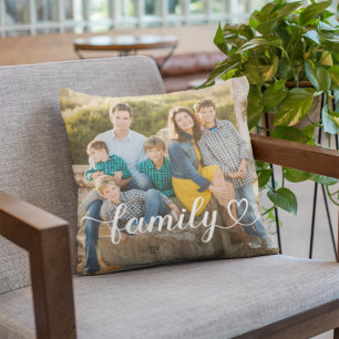 Family Love White Script Custom Photo Cushion