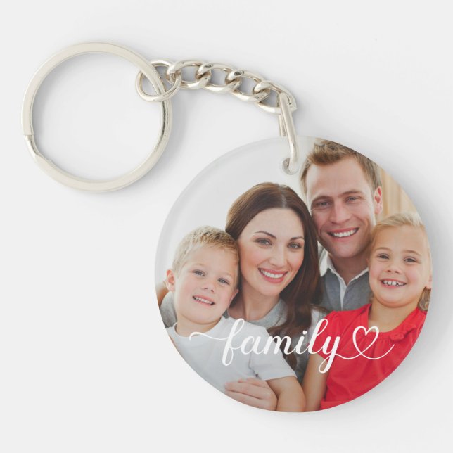 Family Love White Script Custom Photo Key Ring (Front)