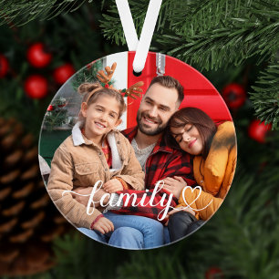 Family Love White Script Custom Photo Ornament