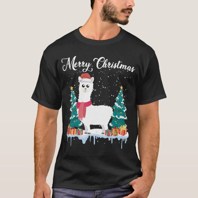 Family Matching Christmas Pajama Llama Santa Hat T-Shirt (Front)