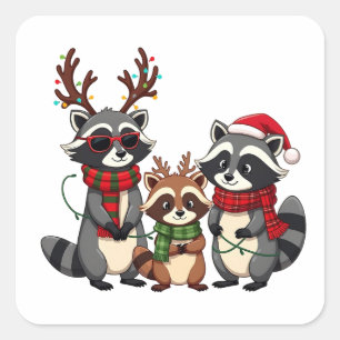 Family Matching Christmas Raccoons Santa Hat Square Sticker