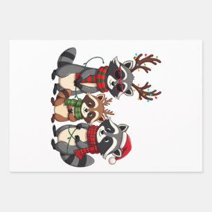 Family Matching Christmas Raccoons Santa Hat  Wrapping Paper Sheet