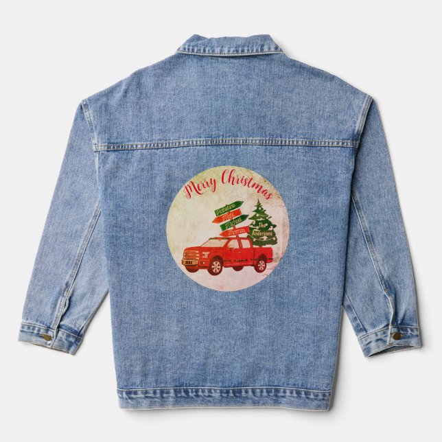 Family Matching Vintage Red Truck Merry Christmas Denim Jacket (Back)