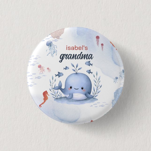family member blue whale under sea baby shower 3 cm round badge (Front)