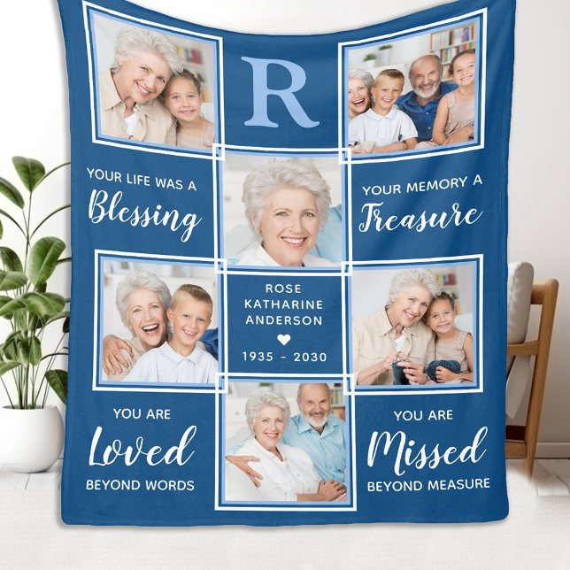 Family Memorial Keepsake Blue Photo Collage Fleece Blanket (Creator Uploaded)