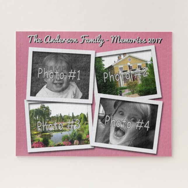 Family Memories 4 x Custom Photos Challenge Pink Jigsaw Puzzle (Horizontal)