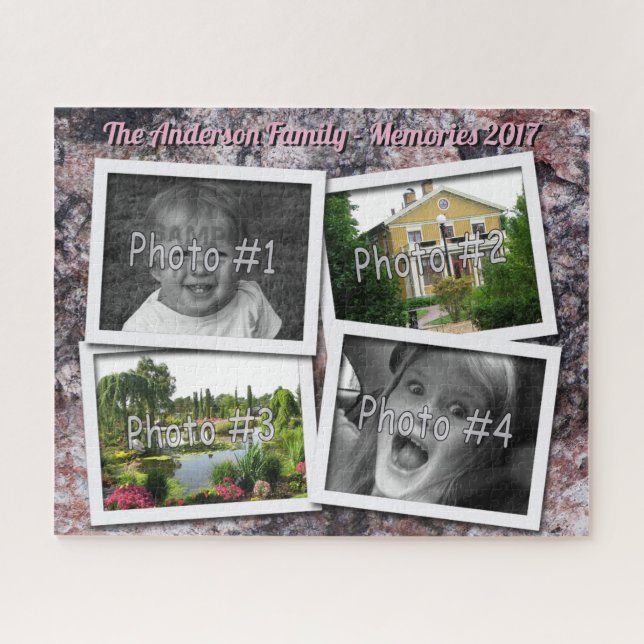 Family Memories 4 x Custom Photos on Pink Rock Jigsaw Puzzle (Horizontal)