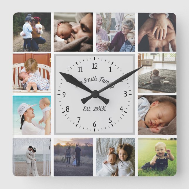 Family memories custom photo collage personalise square wall clock (Front)