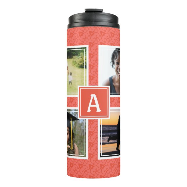 Family Memories MONOGRAM Photo Template Coral Thermal Tumbler (Front)
