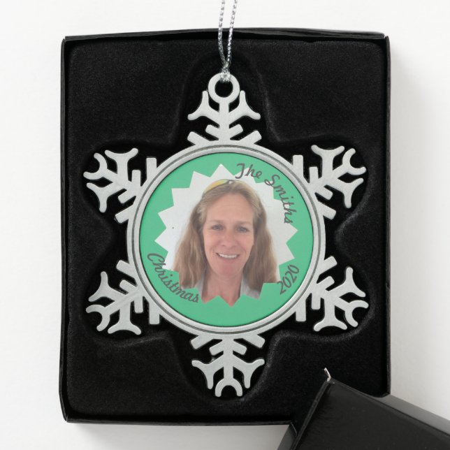 Family Memory Large Green Sun Add Photo Snowflake Pewter Christmas Ornament (Box)