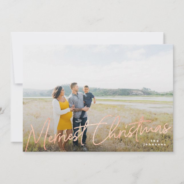Family Merriest Christmas Rose Gold Foil Photo Holiday Card (Front)