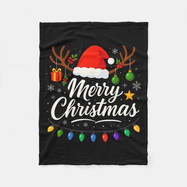 Family Merry Christmas Red Santa Hat Reindeer Xmas Fleece Blanket (Front)