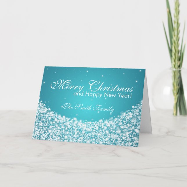 Family Merry Christmas Star Sparkle Blue Holiday Card (Front)