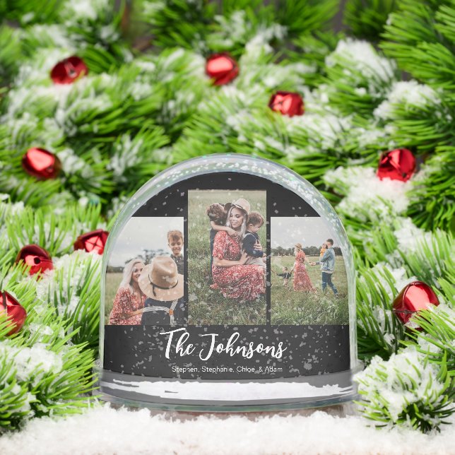 Family Modern Script Black 3 Photo Snowglobe (Christmas)