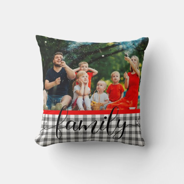 Family Modern Script Photo Plaid Cushion (Front)