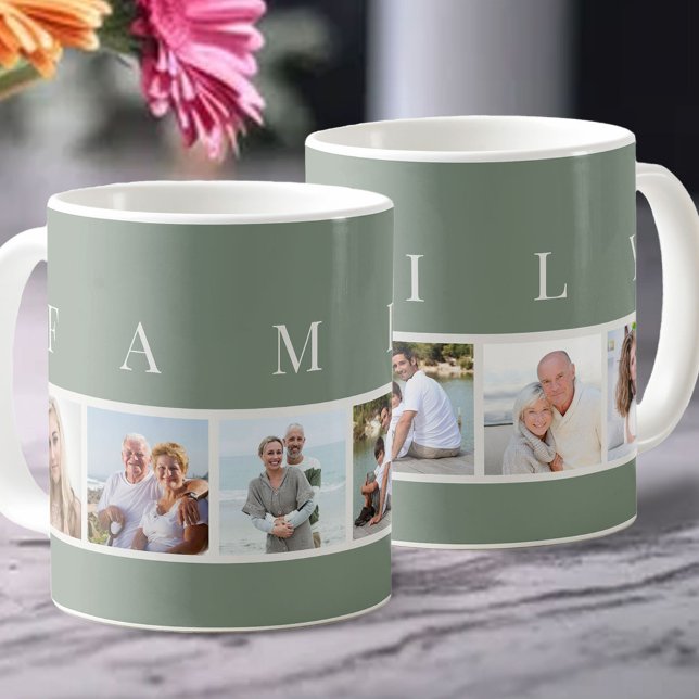 FAMILY Modern Typography and Custom 6 Photo Green Coffee Mug (Creator Uploaded)